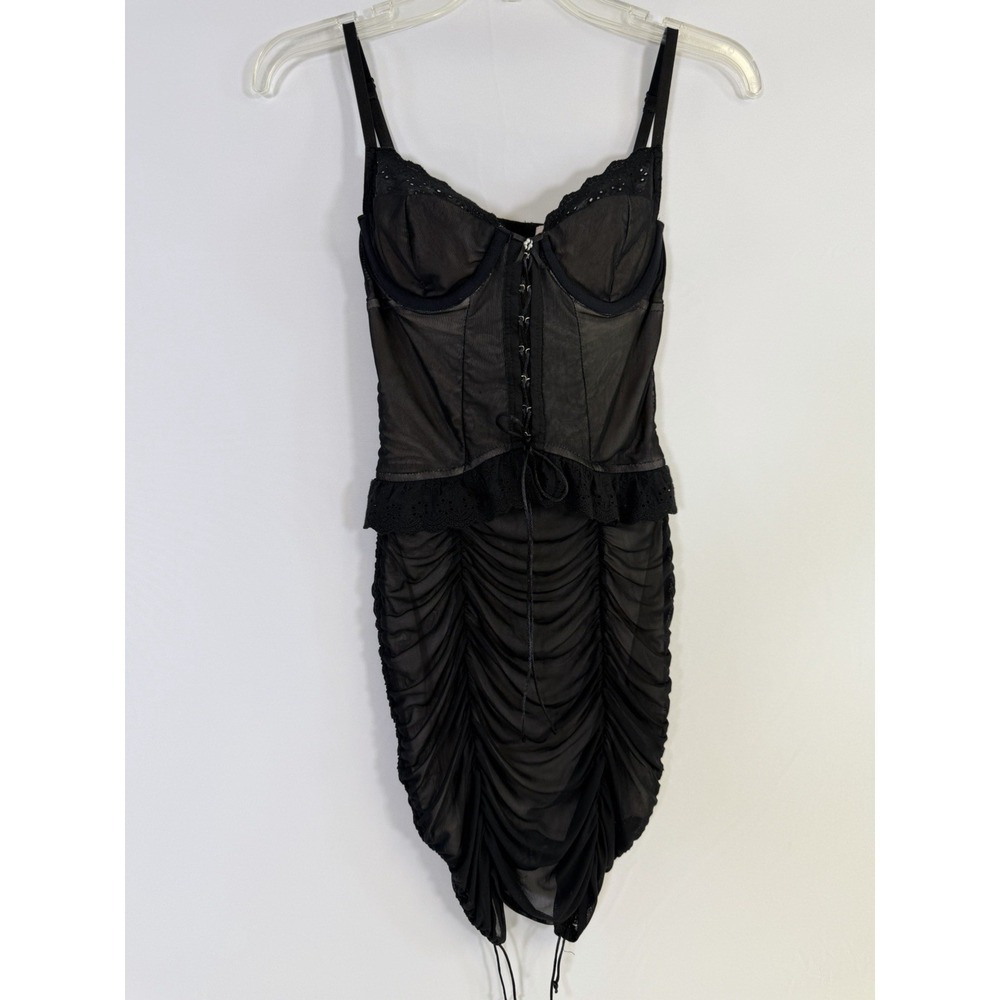 Black Goth Lace Up‎ Corset Mini Dress Mesh Sheer Sz S Grunge Whimsigoth Punk